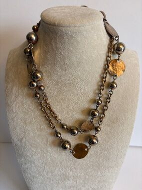 Long Gold Tone Disc & Bead Necklace | Mixed Metal Layering Chain Boho Statement